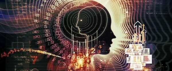 Composition of human feature lines and symbolic elements on the subject of human mind, consciousness, imagination, science and creativity